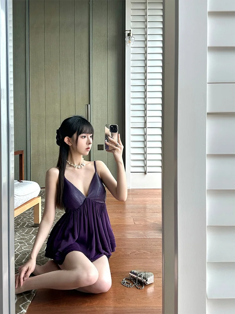 

Roselyn Quali Purple Leather Strap V-ne Women's Vest Versatile Ele Summer Faion Ladies' Tank Top