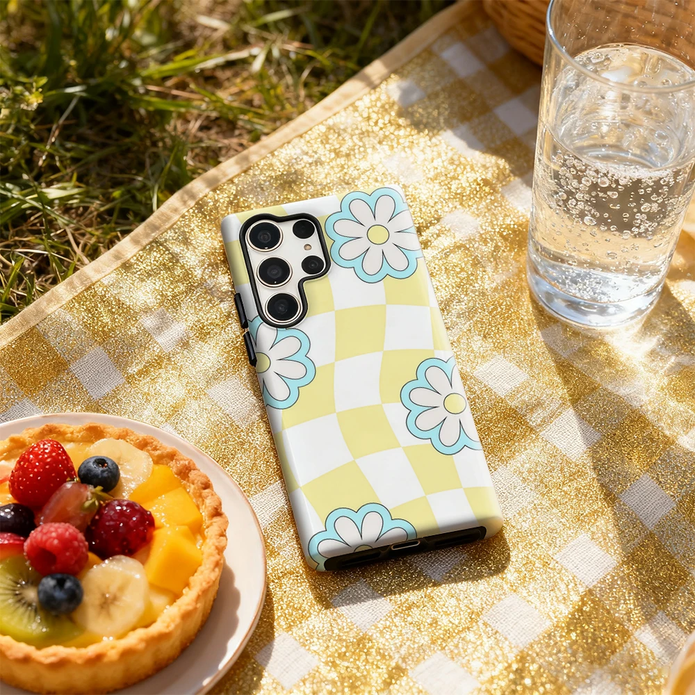 Coque de téléphone à fleurs bleues sur jaune, étui arrière brillant Double couche pour Samsung Galaxy S25 Ultra S24 S23 Ultra Plus