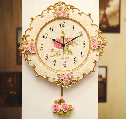 

Luxury Pink Wall Clock Vintage Swing Pendulum Clock Wall Creative Living Room Bedroom Watch Silent Shabby Chic Wall Clocks Resin