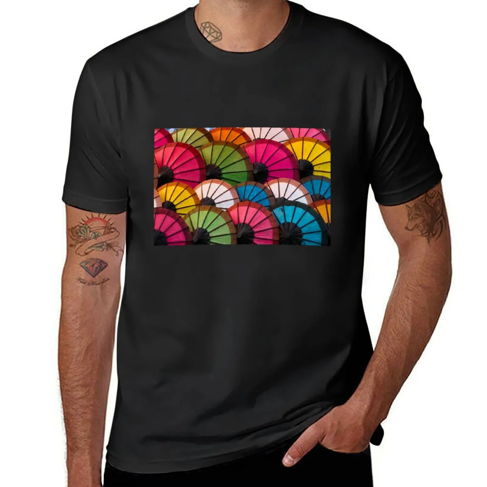 Multicolored umbrellas on the Luang Prabang market T-Shirt customs design your own plain vintage t shirts for men cotton