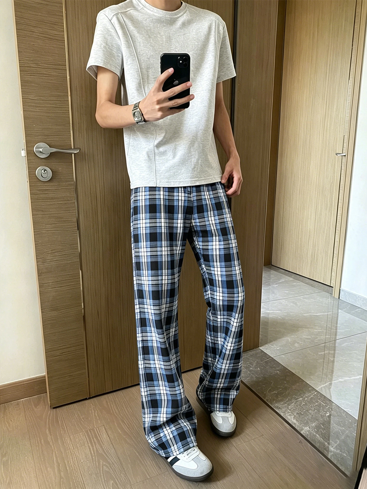 Blue Plaid Fitness Men's Summer Casual Pants Straight Leg American Style Slimming Bootcut Comfortable Breathable Fashionable