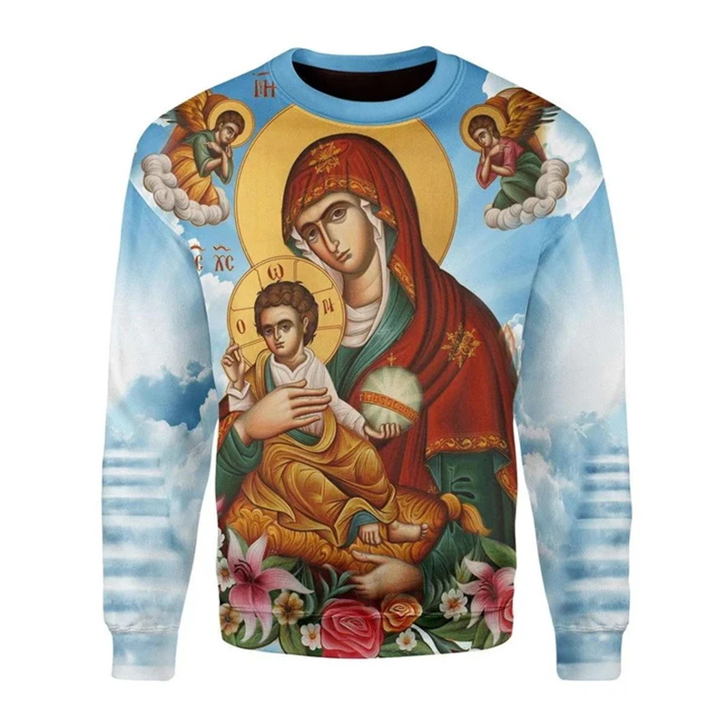 Newest Blessed Virgin Mary Casual 3D Print Sweatshirt Men Women Vintage God Jesus Crew Neck Hoodies Casual Men Clothing Pullover