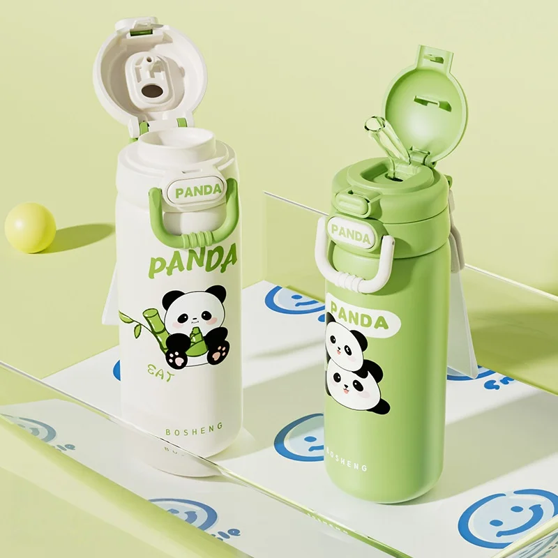 Cute Panda Kids 316 Stainless Steel Thermos,490ml Water Bottle Panda Tumbler with Straw Leakproof Flip Lid for Children Gift