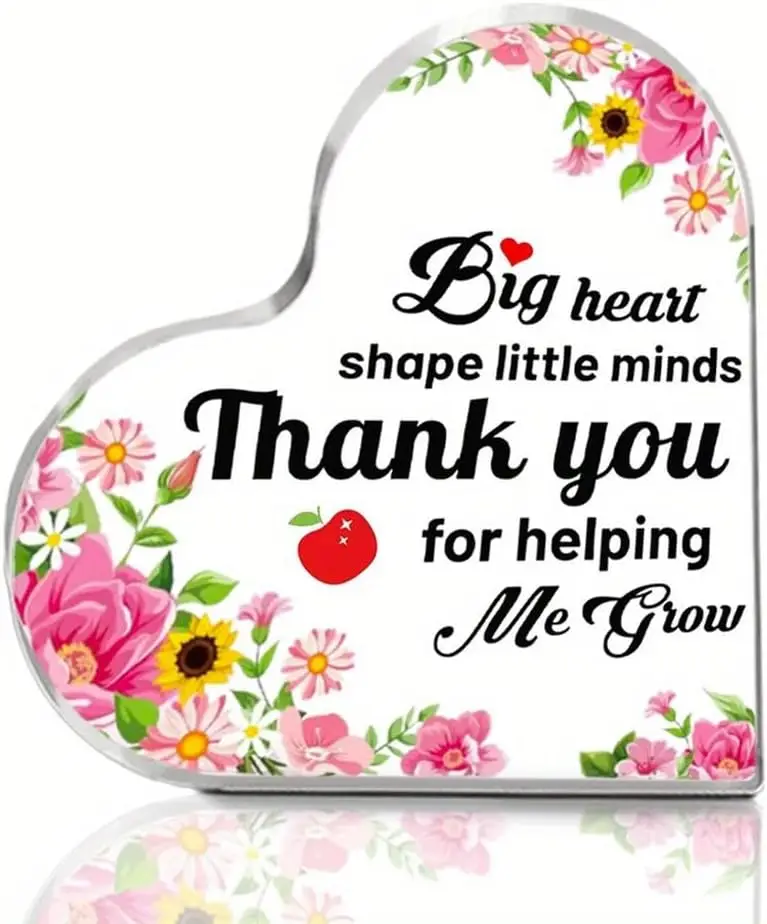 Thank You For Helping Me Grow Clear Heart Acrylic Sign, Mixed Spring Flower Desktop Ornament Blooming Floral Border Heart‑Shaped Acrylic Plaque, Sentimental Gratitude Present for Educator