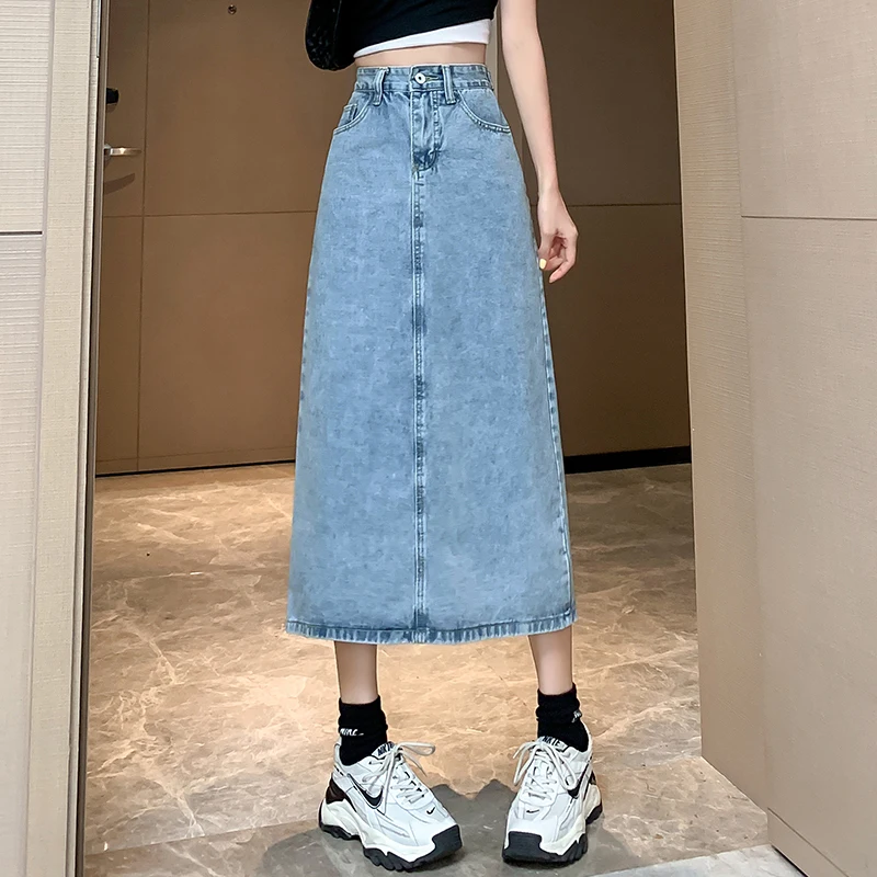 

2023 New Arrival Spring Summer Korean Style Women Loose Casual A-line Mid-calf Skirt High Waist Cotton Denim Skirts V256