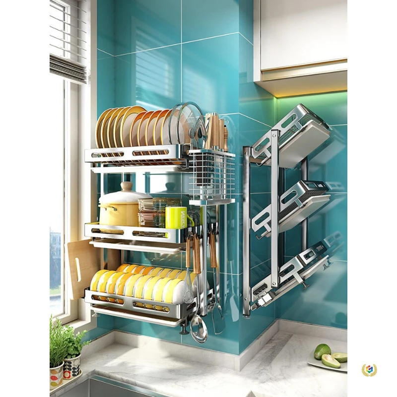 304 stainless steel wall-mounted bowl drying rack, no punching, kitchen rack, folding and draining dishes and chopstick rack