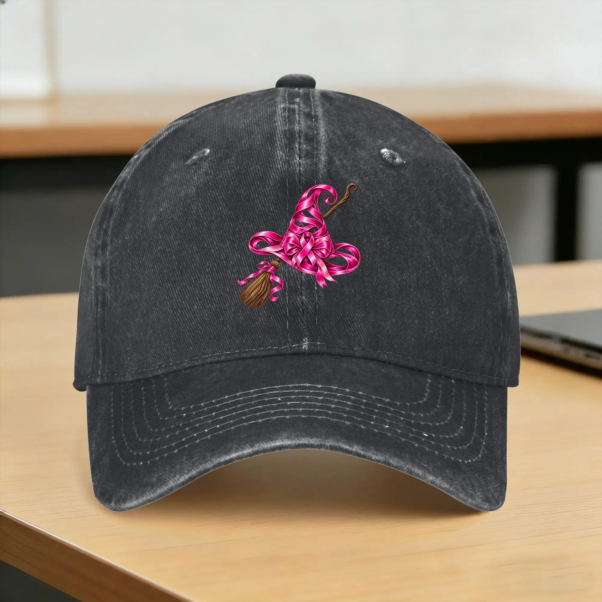 Pink Ribbon Witch Hat Broom Breast Cancer Halloween Awarenes Sun Baseball Cap Women Men Trucker Hat Sun-Proof Baseball Caps