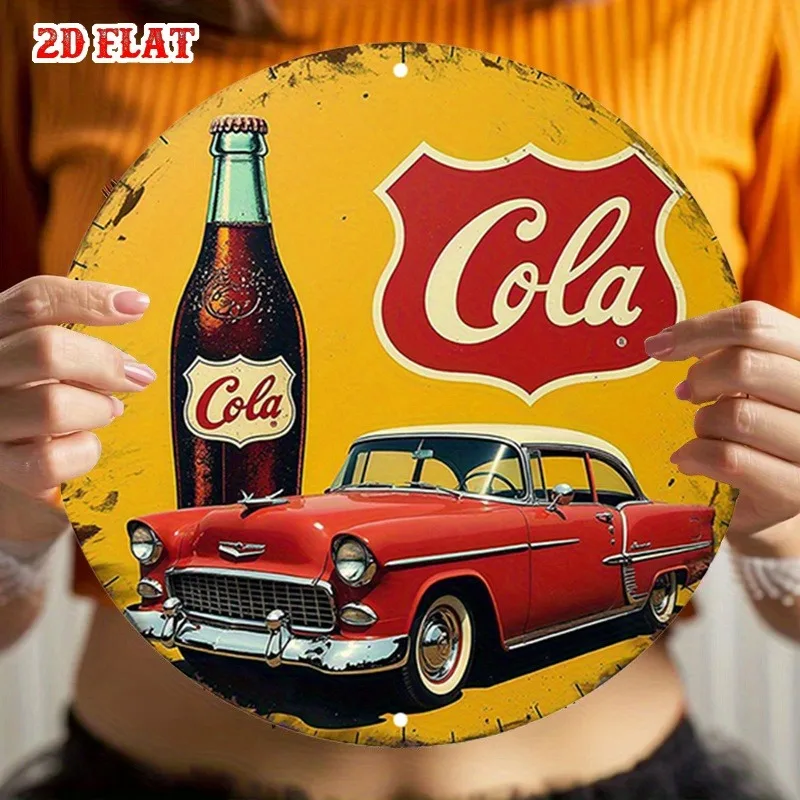 Cola Beverage Metal Tin SignRound Aluminum Wall Art, Rustic Classic Car Design for Home, Garage, Cafe Decor, Metal Wall Decor