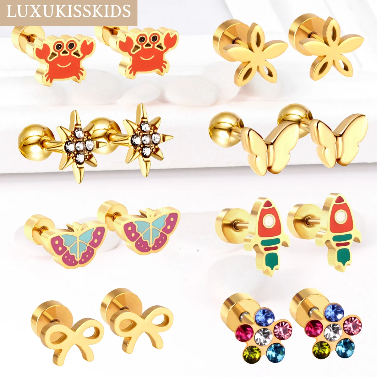 LUXUKISSKIDS Girls Stainless Steel Cherry Stud Earrings Tiny Simple Fashion Cute Flower серьги Butterfly Fairy Bowknot Jewellry