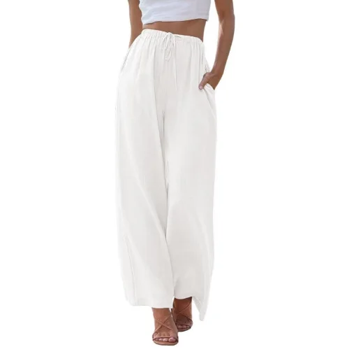 Pantalon surdimensionné pour femmes, décontracté, blanc, haute élasticité, Baggy avec cordon de serrage, Streetwear, couleur unie, coton et lin, jambes larges