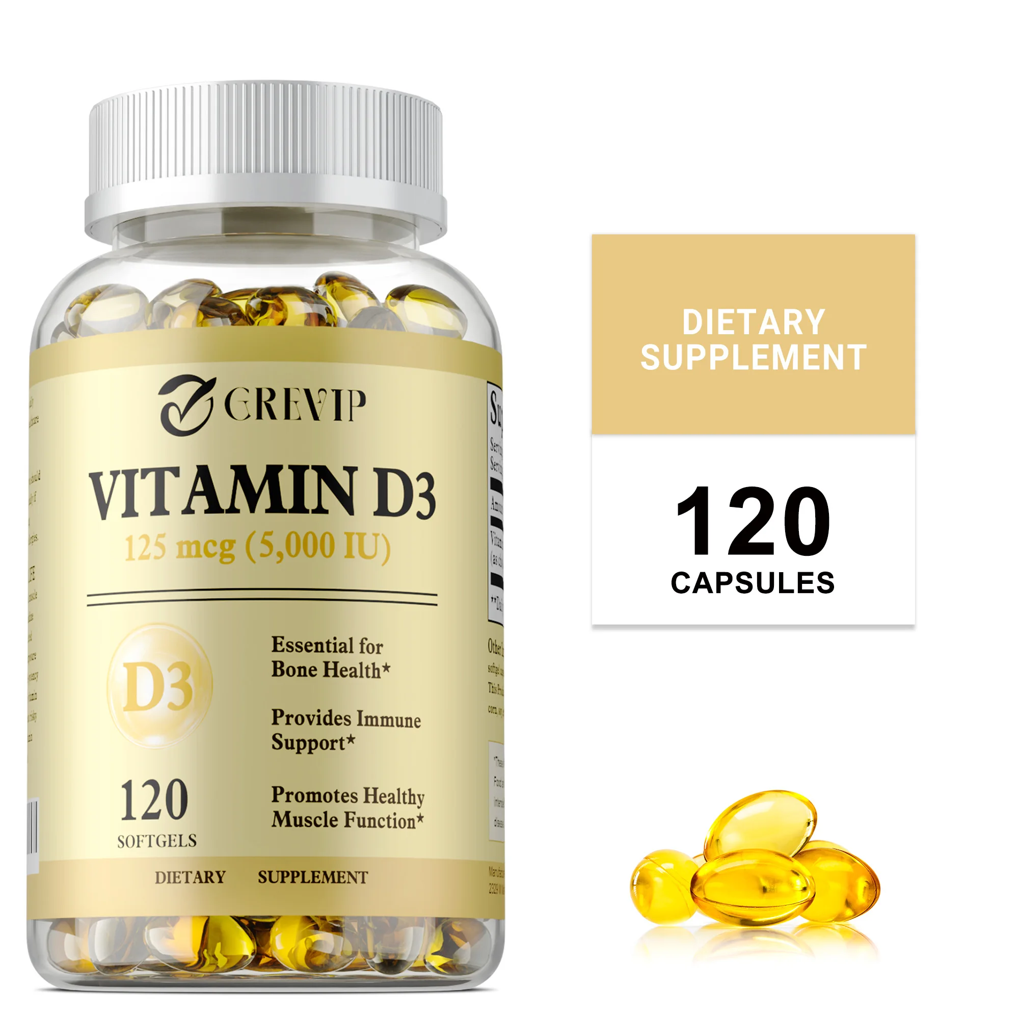 

Vitamin D3 - Calcium Absorption, Supports Muscle Growth, Maintains Strong Bones and Teeth, Enhances Immunity, Non-GMO
