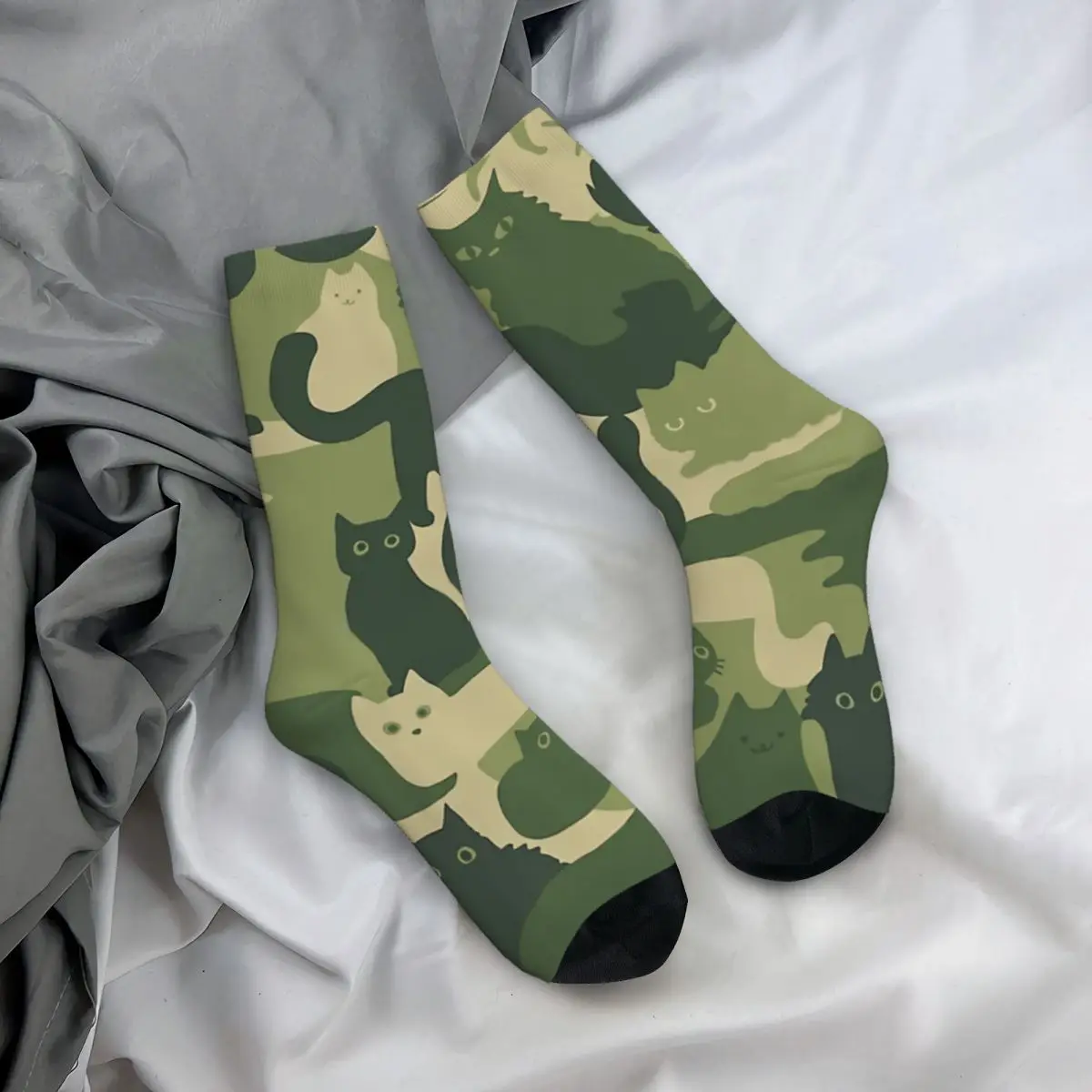 Feliz engraçado meias masculinas padrão de camuflagem com gatos verde vintage harajuku arte hip hop tripulação meia louca presente padrão impresso