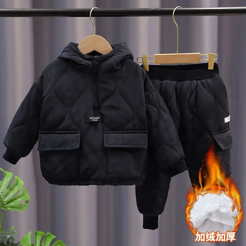 Conjunto de inverno infantil de lã de cordeiro, engrossado e quente, bolso grande, casaco com capuz + calças, conjunto de duas peças para crianças nevadas