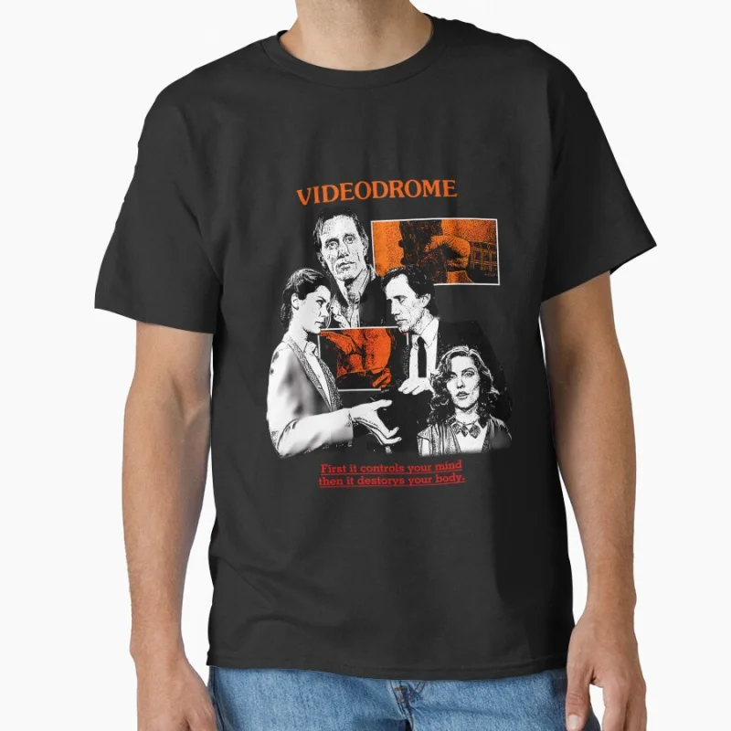 

1129 Horror Movie Videodrome Vintage Scary Halloween gift T shirt Large size Tops Retro Graphic Print Clothes 100% Cotton Tee