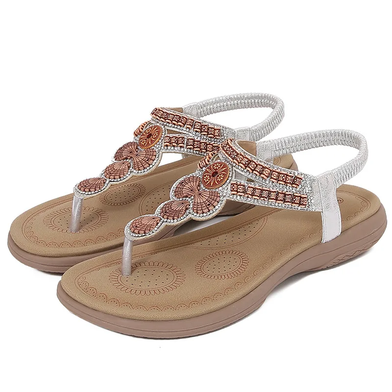 Летние трендовые женские сандалии, простые легкие повседневные туфли на плоской подошве, большой размер, носок с бриллиантами, на низком каблуке