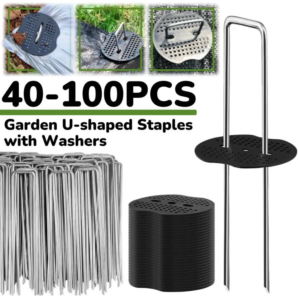 40-100PCS Garden U-shaped Staples with Washers Outdoor Garden Ground Film Fixed Pegs for Holding Weed Barrier Cloth Ground Nail