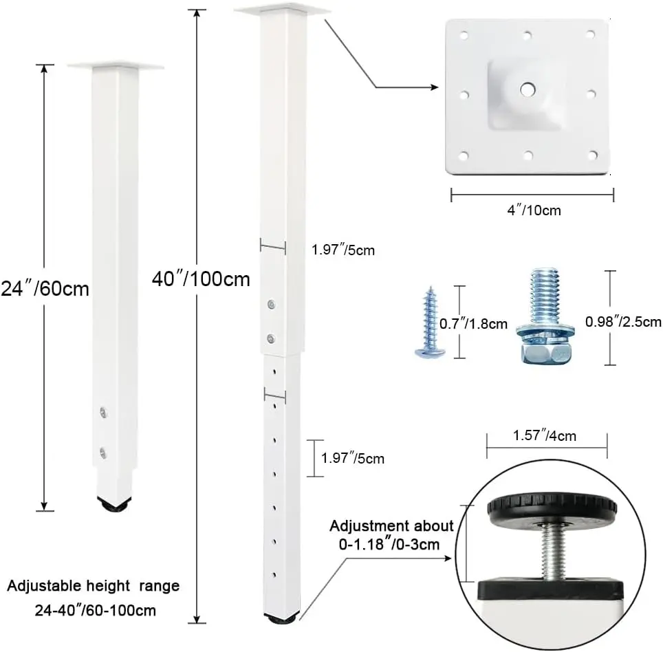 Perna de mesa quadrada ajustável, 24-40 polegadas, 60-100 cm, pernas de mesa DIY personalizadas para escritório doméstico, conjunto de pernas de móveis (4, branco)
