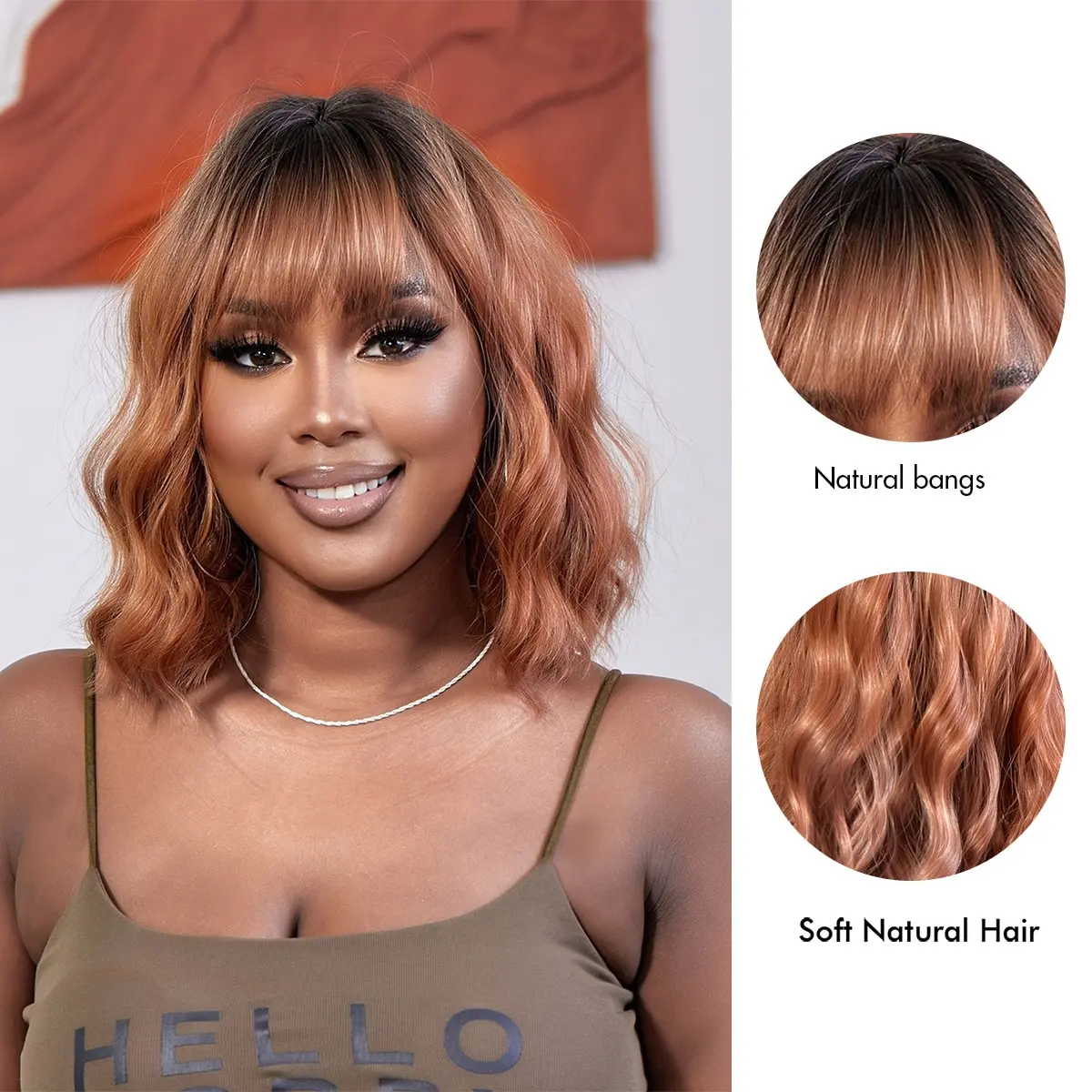 14-calowe krótkie syntetyczne peruki Bob Curly Wave Ombre Copper Blonde Color Hair Wigs With Bangs Replacement Wig For Women Daily Party