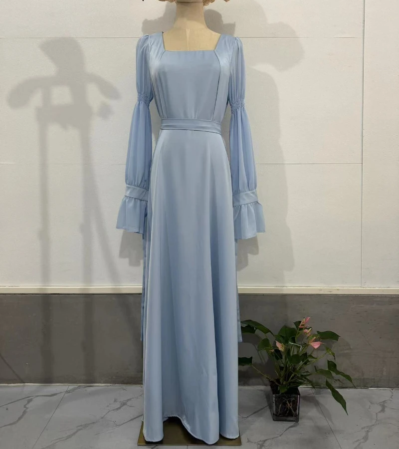 Sky Blue Women Evening Dresses Long Sleeve Silk Satin A Line Formal Prom Dress Floor Length Evening Party Gowns with Belt