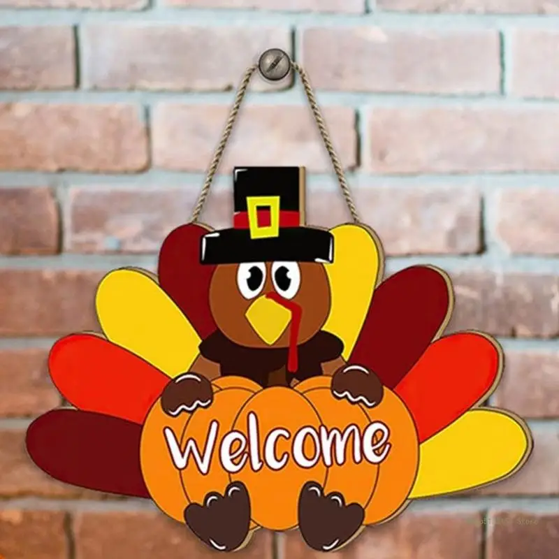 QX2E Turkey Gobble Welcome Sign Hanging Decoration Thanksgiving Wreath for Front Door Hanger Autumn Decoration