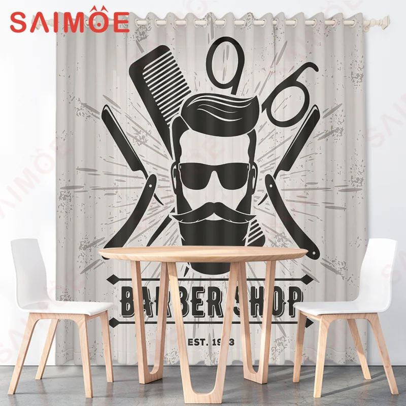 3D American Style Men's Beauty Salon Curtain Comb Scissors Thin Polyester Fabric Barbershop Bedroom Custom Decoration with Hooks