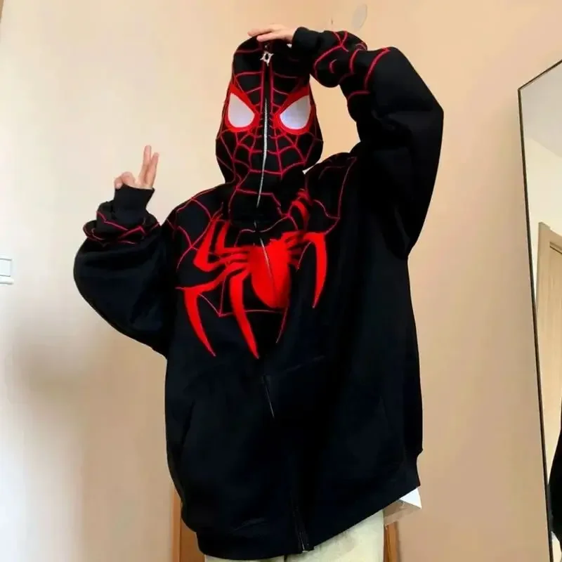 American Style Hiphop Hoodie Popular Spider Print Black Face Zip Up Hoodie Unisex Plain Oversized Heavyweight Full Zip Hoodie