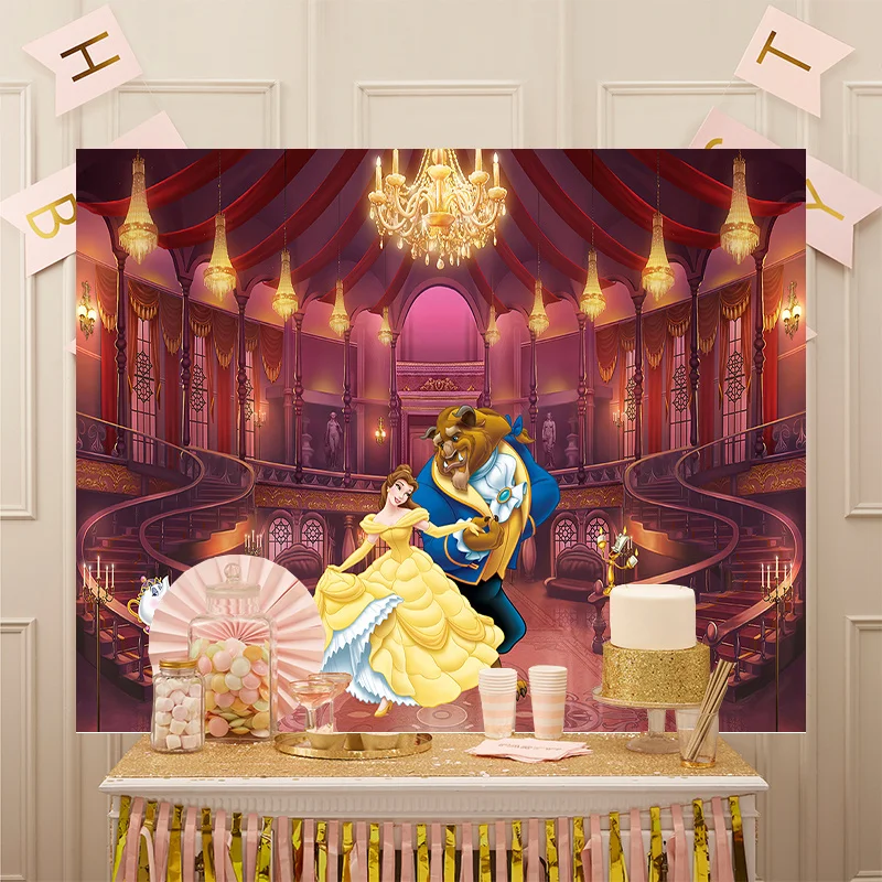 Disney Birthday Party Decor Photography Cartoon Custom Princess Belle Background Beauty And The Beast Rose Palace Background