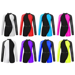 Kids Girls Gymnastics Leotard One Piece Mesh Patchwork Unitard Ballet Dance Leotard Bodysuit Long Sleeve Figure Skating Costume