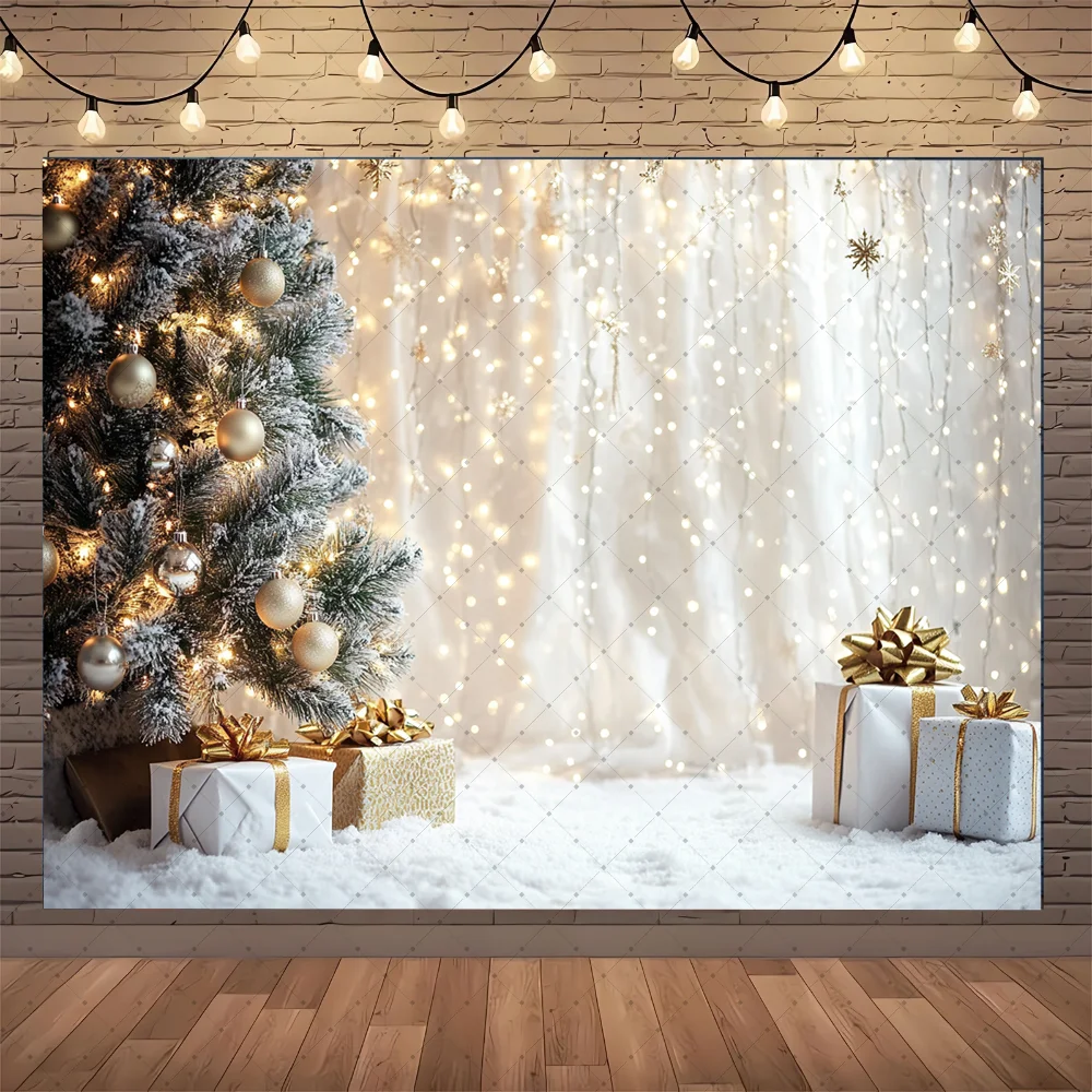 

Gold Glitter Christmas Room Background Photography Xmas Tree Retro Brown Wall Gift Backdrop Winter Kid Family Party Photo Studio