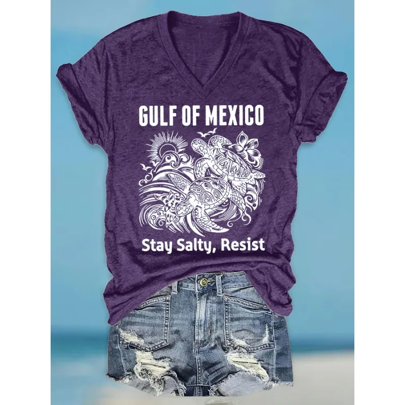 Ladies Gulf of Mexico Print T-Shirts Summer Holiday Casual Loose Short Sleeve V Neck Tops Hot Tees