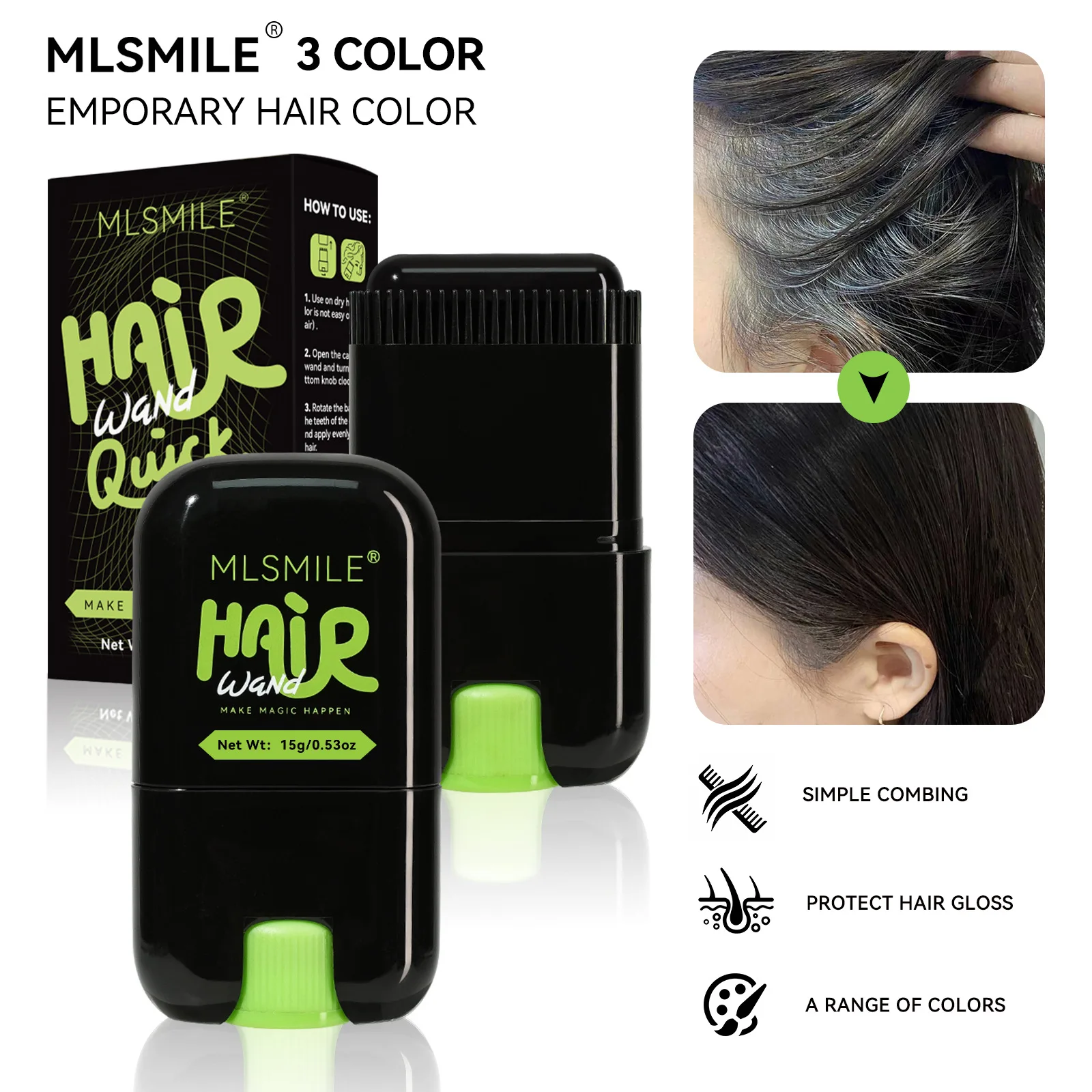 

Палочка для укладки волос закрывает и разравнивает седые волосы. Предназначен для использования с расческой.