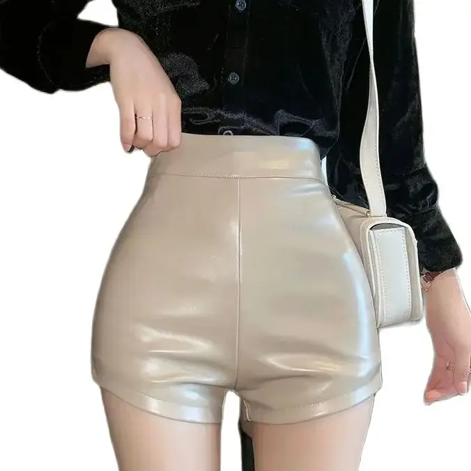 Leather Pants Fashionable High-Waist Slimming Pu Leather Shorts For Women Casual A- Line Fall Winter Boot Pants Underneath
