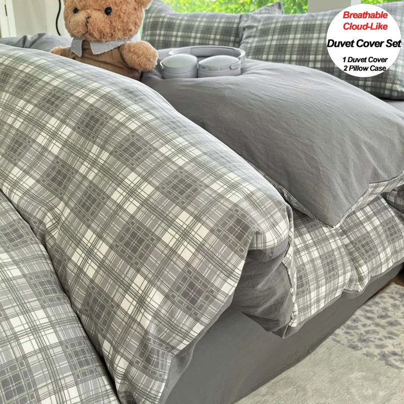 Soft Cloud-Like Plaid Duvet Cover Set Bedding Set with 2 Pillowcases, Breathable Lightweight Easy Care & Wrinkle Resistant