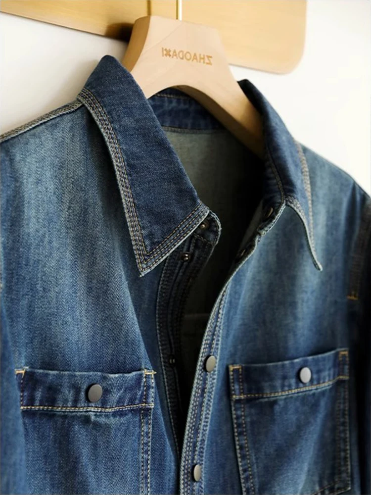 

Ретро-рубашка из синего денима для женщин, новинка ранней весны, в гонконгском стиле, многослойная, базовая, осенне-зимняя, с воротником, размер L
