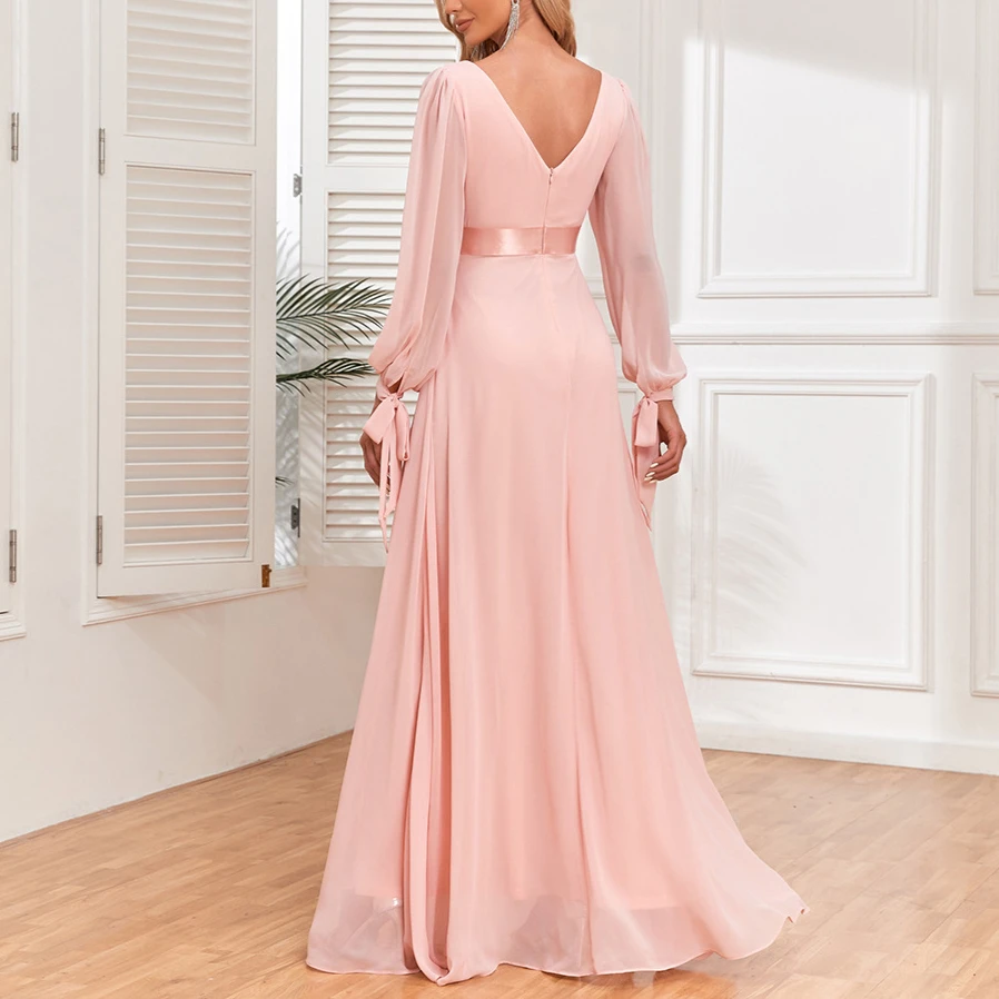 Women's Evening Dresses Pink Chiffon V-neck Temperament Long-sleeved Long Party Dress High Waist Slim Lace-up Graduation Dress