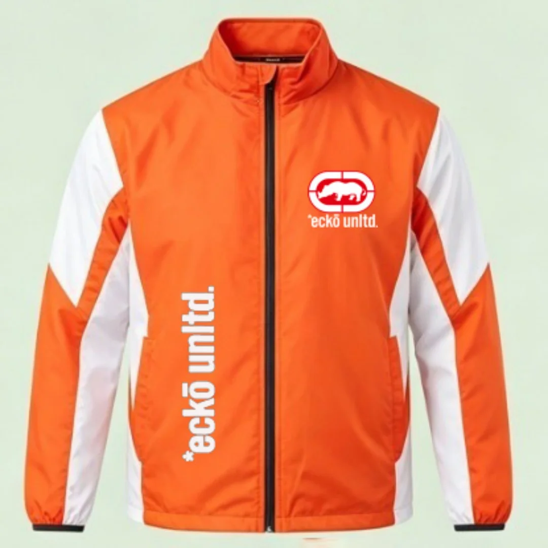Chaqueta Cortavientos Casual para Hombre con Cierre Completo, Marca Ecko Unltd, Logotipo de Rinoceronte, Diseño de Parches Naranja y Blanco, Cuello Alto, Ligera, Estilo Urbano Hip Hop