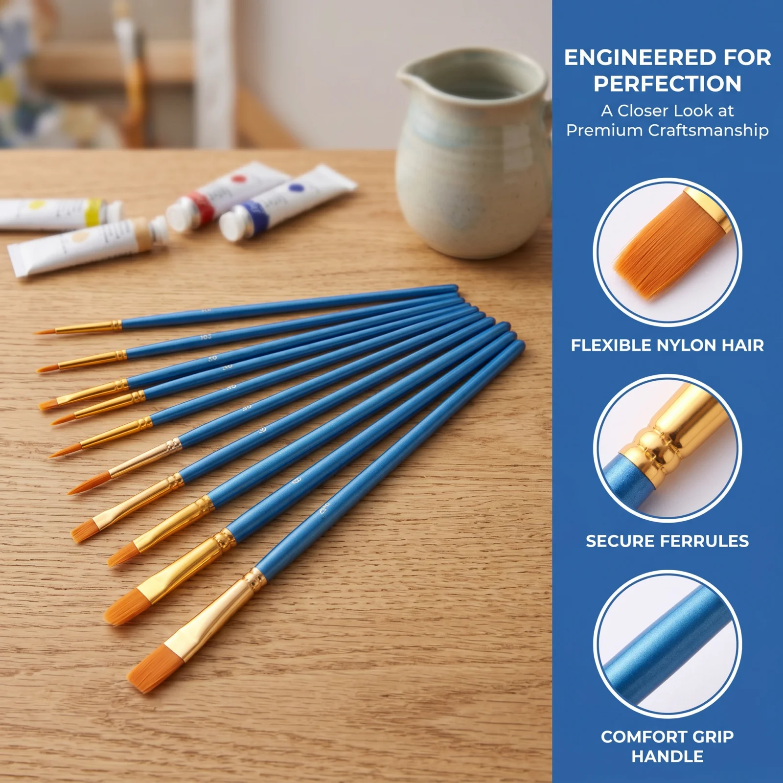10Pcs Multicolor Nylon Paint Brush Set, Artist Brushes for Oil Acrylic Watercolor, Canvas Rock Nail Art Painting Supplies