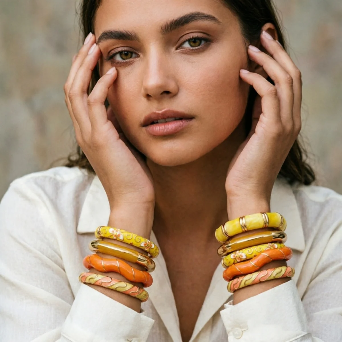 Modische Gelbe Emaille-Manschettenarmbänder für Damen und Herren, Retro-Stil mit Ast-, Wellen-, Stern-, Blatt-, Blumen- und Bambus-Motiven, Armschmuck – Detail 25