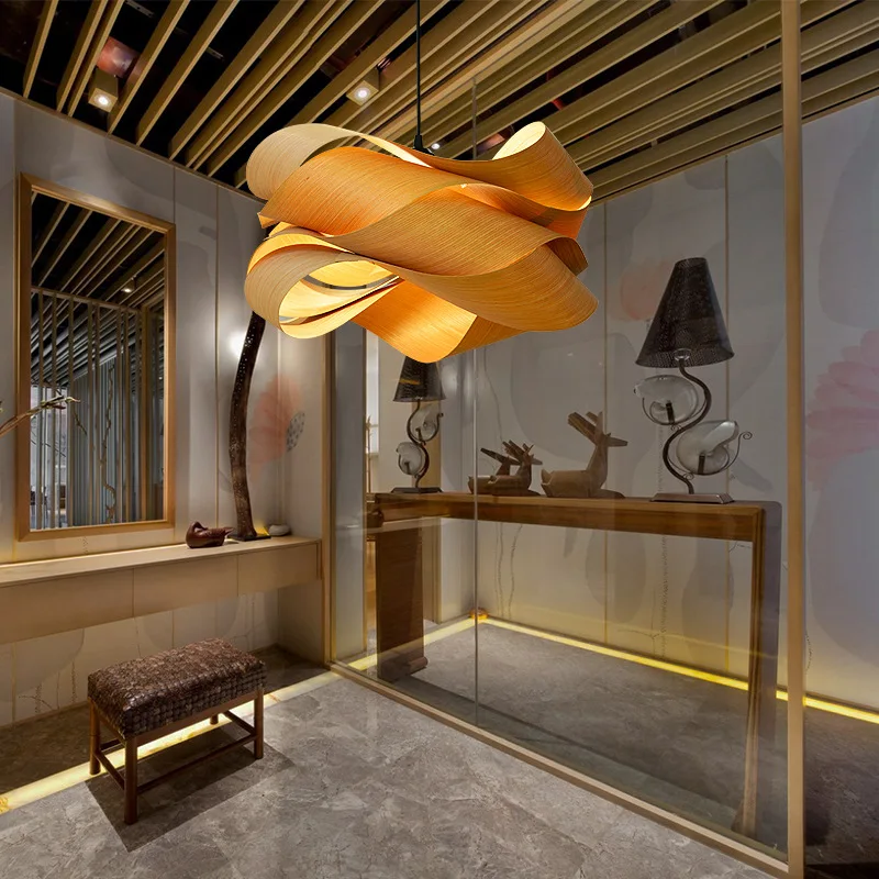 Designer Wraps Wooden Pendant Light Woodskin Creative Design Lighting for Bedroom Study Living Room Irregular Wooden Lamp