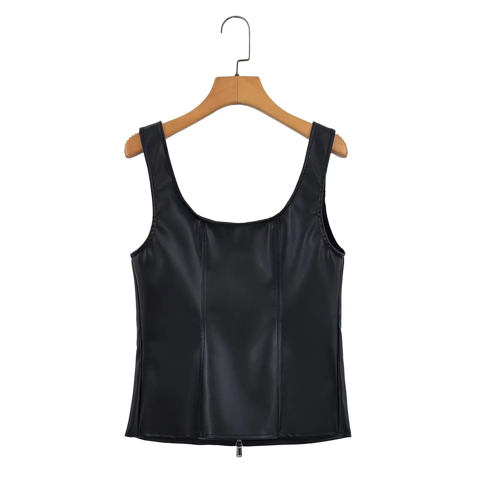 Zevity Women Sexy Front Zipper Decoration PU Leather Slim Vest Blouse Female Chic Strap Shirt Blusas Crop Tops LS7312