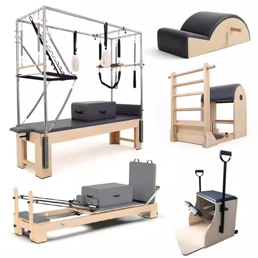 5 Pcs Yoga Pilates Set Wood Pilates Reformer Training Bed Accessory for Gym Fitness Body Shaping Exercise Home Studio Use