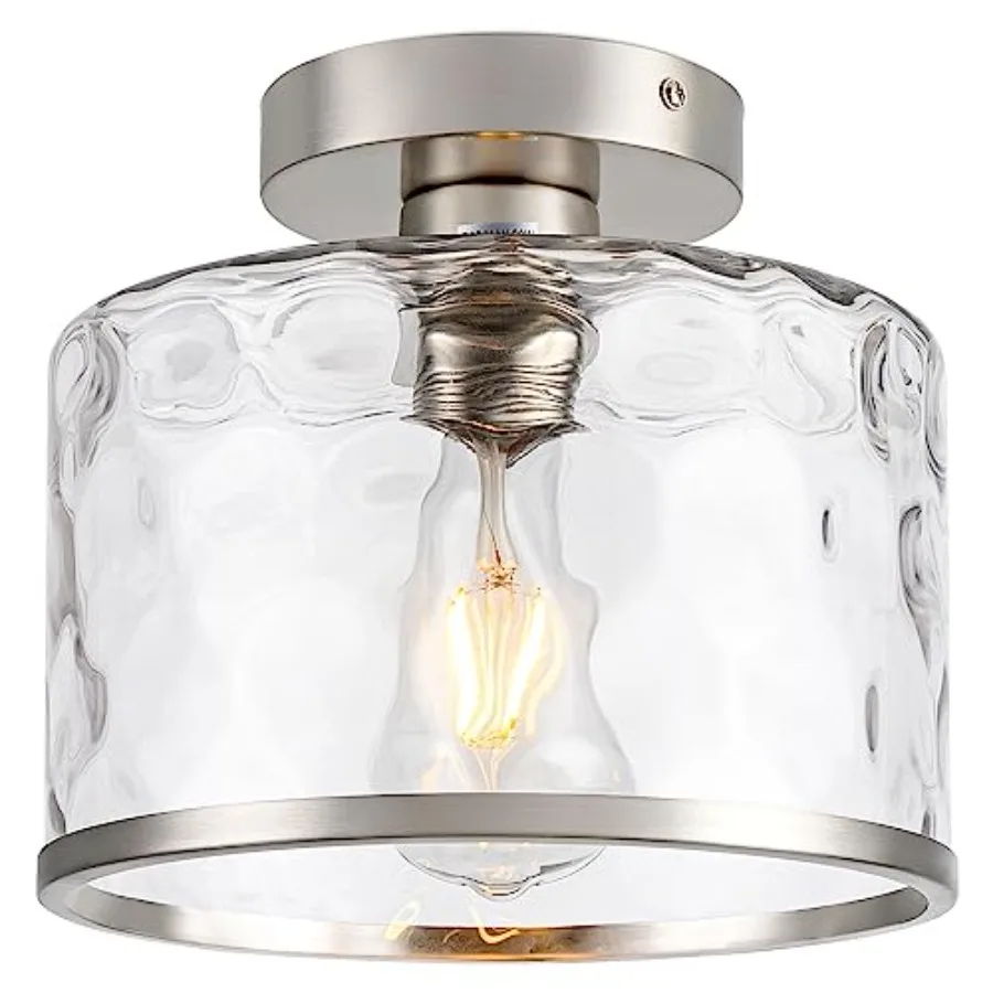 

Modern Semi Flush Mount Ceiling Light with Industrial Clear Hammered Glass Lampshade, Farmhouse Ceiling Lights fixtures in Sati