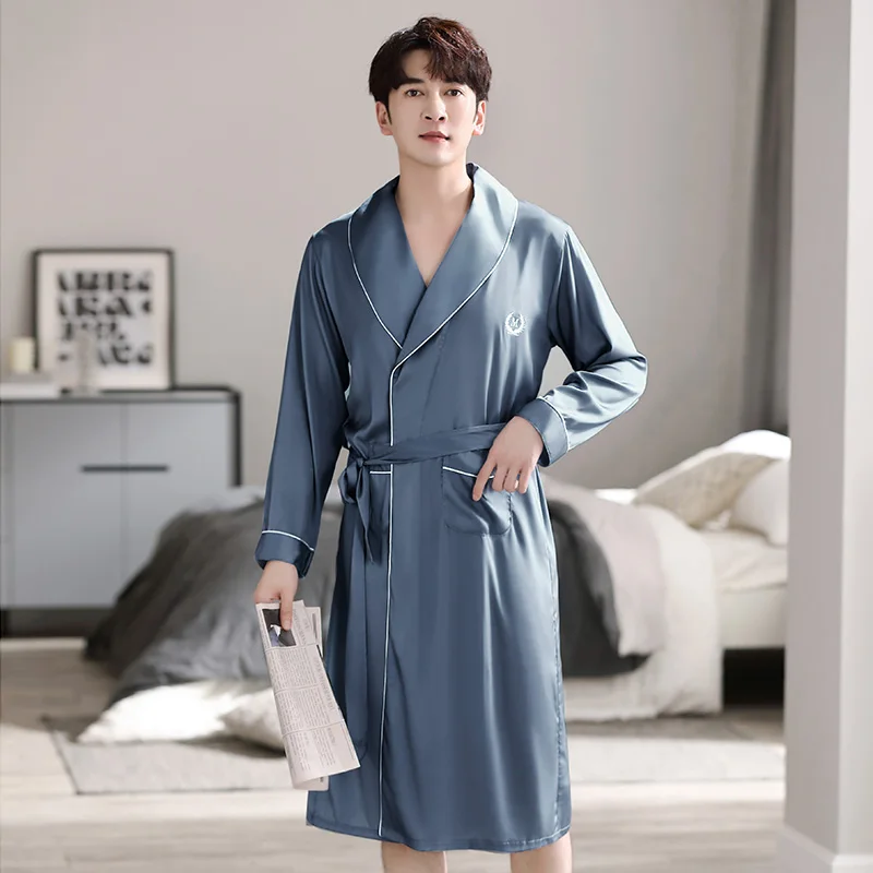 Mens Silk Satin Pajamas Sleepwear Robe Long Sleeve Robes Bathrobe V-Neck Nightgown