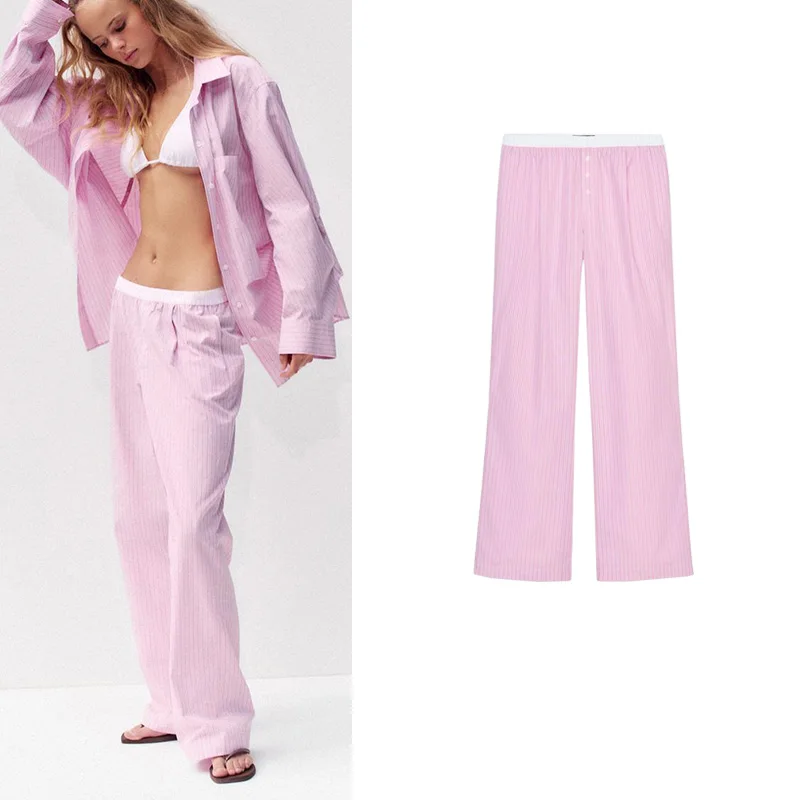 Zomer Nieuwe Dames Kleur Blo Streep Platte Hoek Ondergoed Sle Broek Casual Rechte Pijpen Lange Broek L Taille Knop Cl...