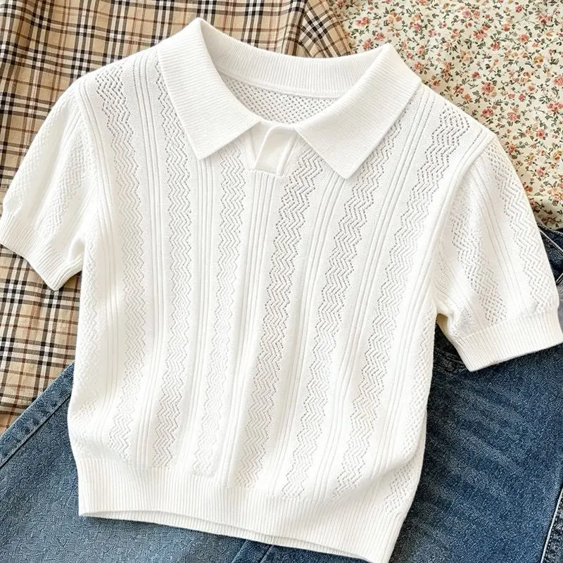 Children's White Hollow Thin Knitted Short-Sleeved Polo Shirt Boys' Stylish Summer Outfit Top