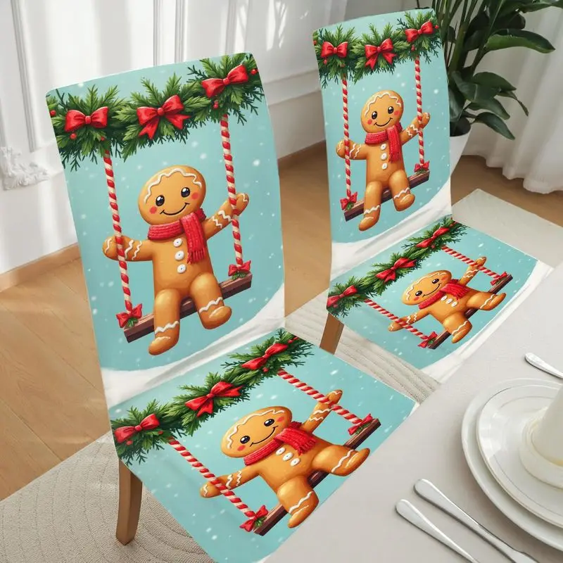 Cute Gingerbread Man Swing Dining Chair Cover Stretch Spandex Chair Slipcover Christmas Winter Holiday Decor