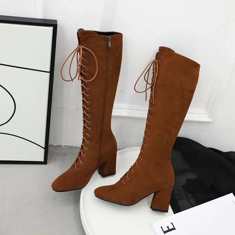 Oversize Large size Big size High quality autumn and winter women\'s shoes Square toes Thick Heel Lace-up cowboy boots