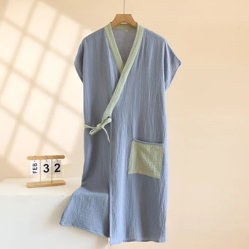 2026 Summer New Couple Kimono Sleeping Robe 100% Cotton Crepe Cloth Men's And Women's Water Absorbing Wearable Bathrobe