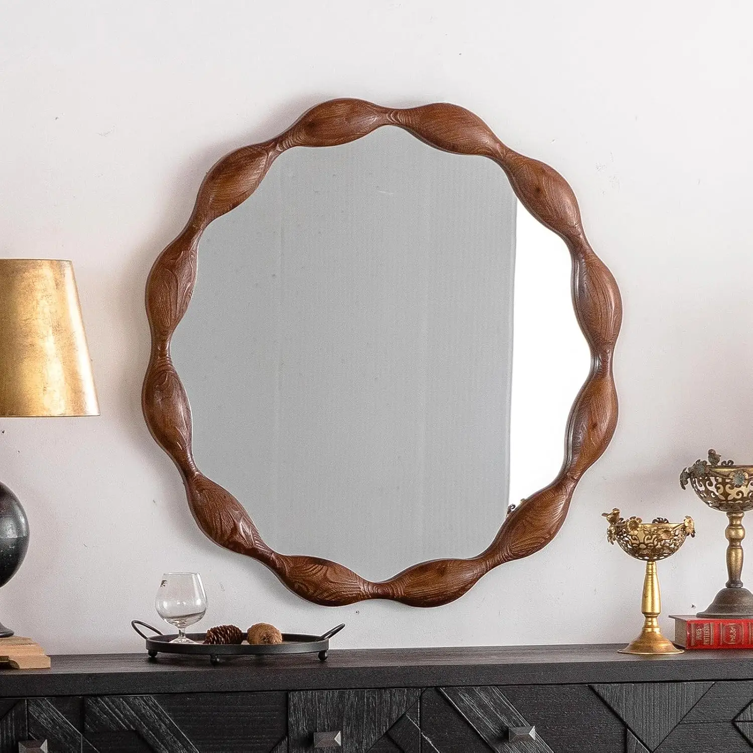 Brown Wood Wavy Bohemian Farmhouse Retro Living Room Wall Mirror With Wooden Frame For Home Decoration