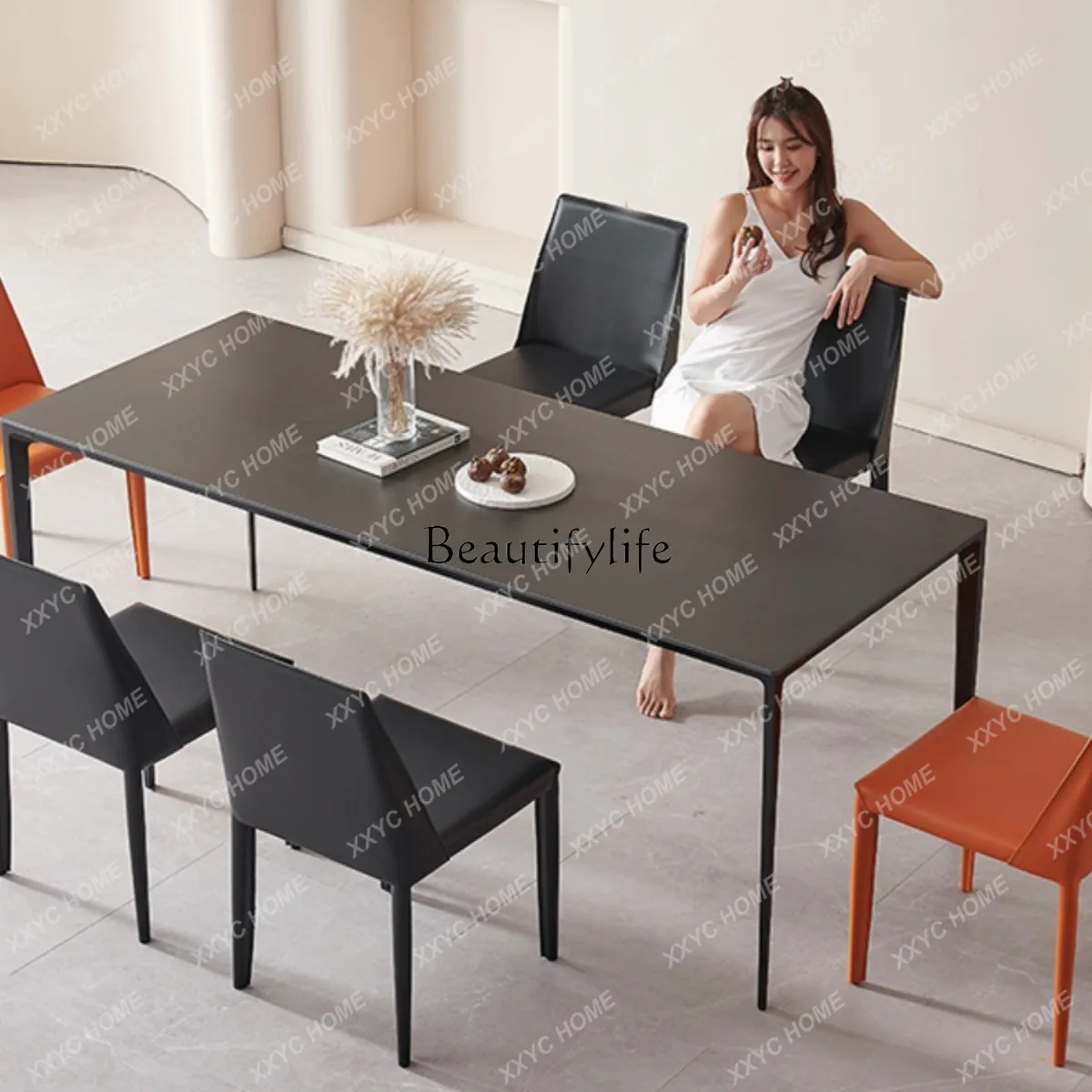 NNPure Black Rock Slab Dining Table Italian Minimalist Light Luxury Nordic Aluminum Alloy Rectangle